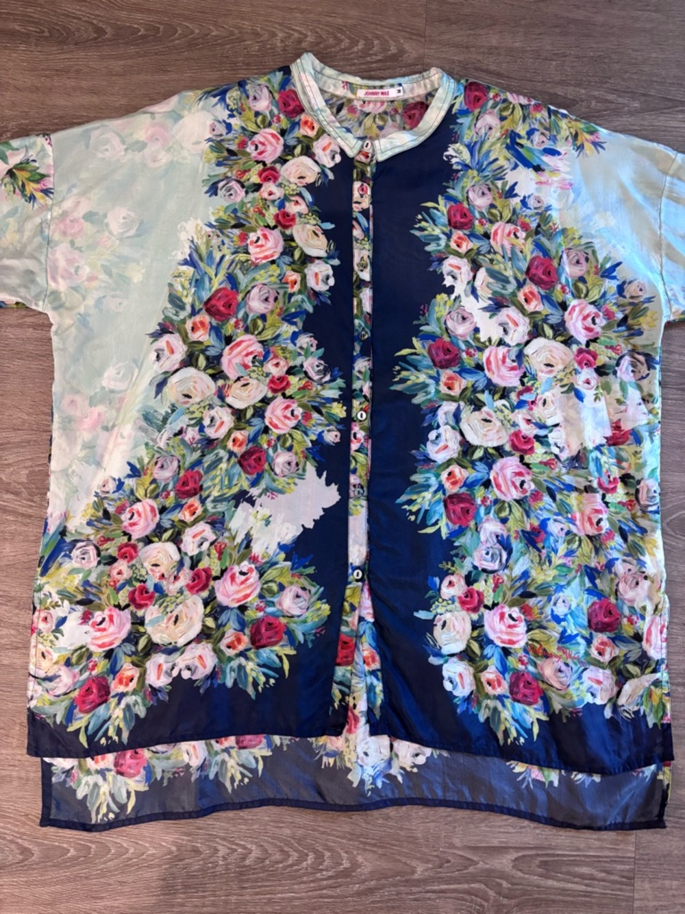 Johnny Was Silk Floral Button Front Top in Blue, Pink, Green - Picture 6 of 12